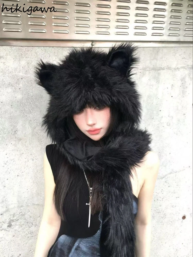 Women Faux Fur Hood Animal Hat Ear Flaps Gloves 3in1 Animal Fur