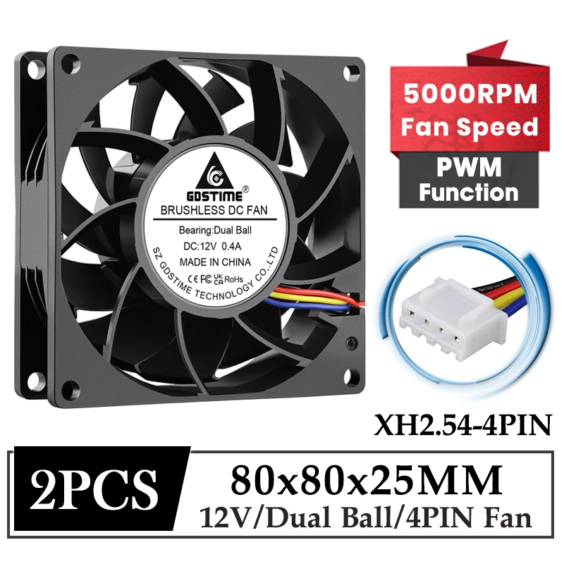 

2Pcs 80MM PC Computer CPU Powerful Cooling Fan DC 12V 80x25MM Booster Cooler 8025 Dual Ball Bearing 4PIN Fan With PWM Cooling