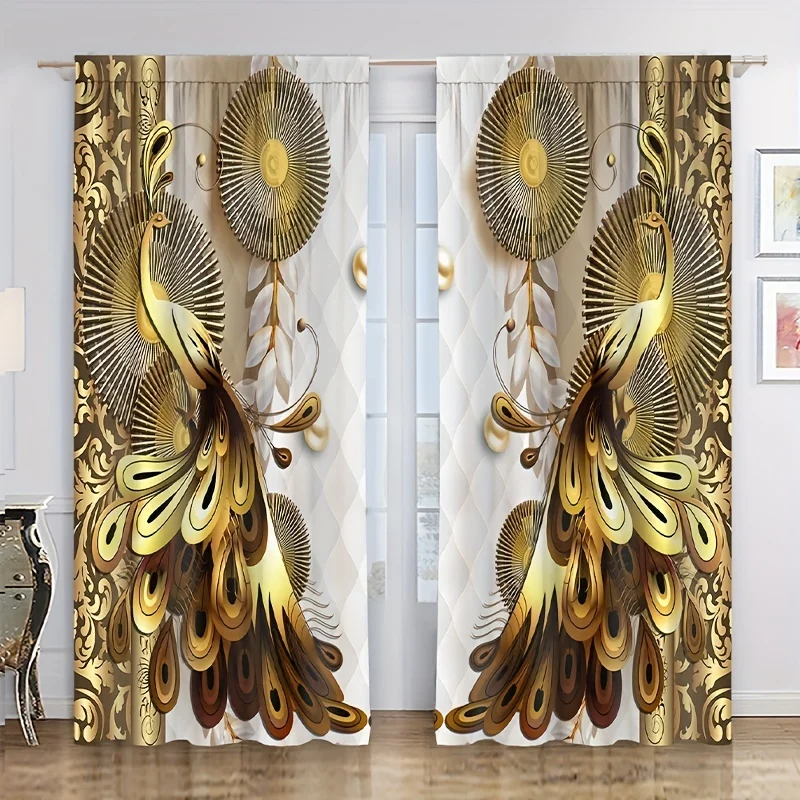 

2pcs Gold Peacock Animal Flower Retro Style Curtains Window Treatment for Bedroom Office Kitchen Living Room Study Home Decor