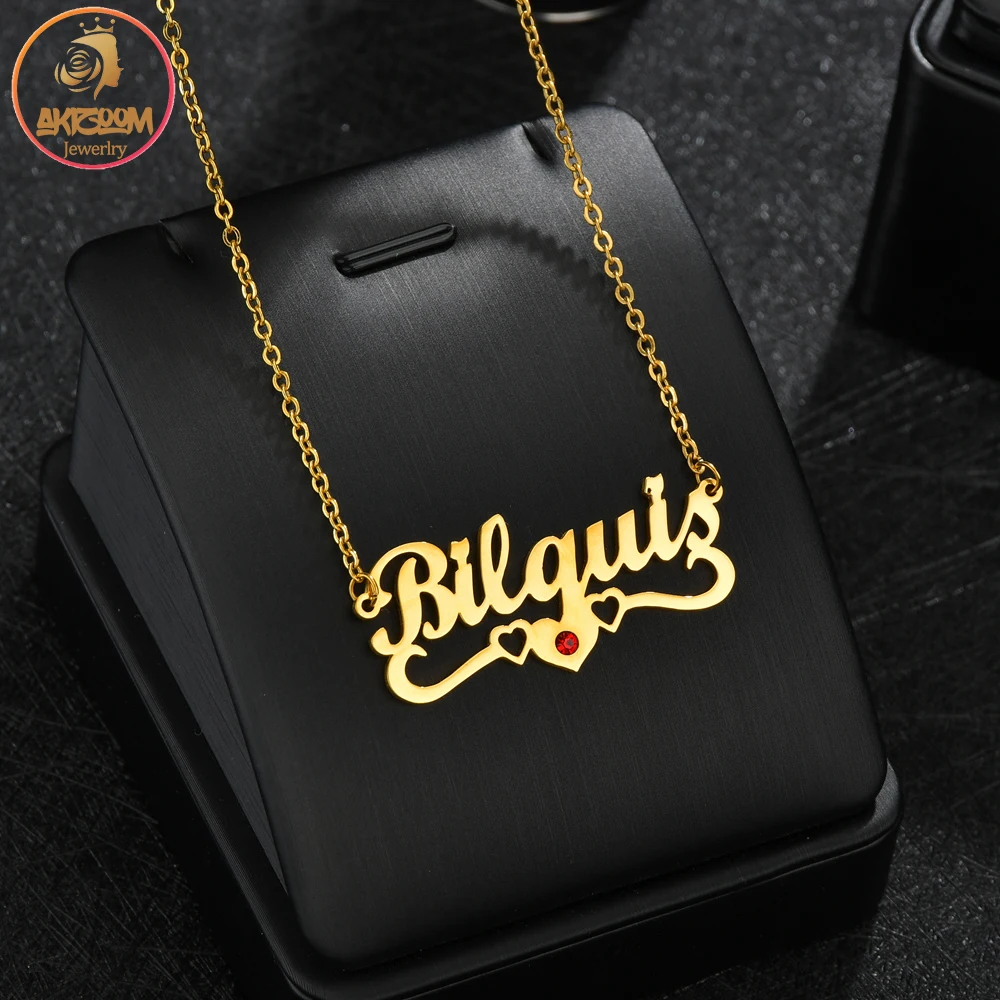 Akizoom Fashion Customized Names Pendant Red Stone Necklace Zircon Custom Nameplate Stainless Steel Gold Color Jewelry Gift