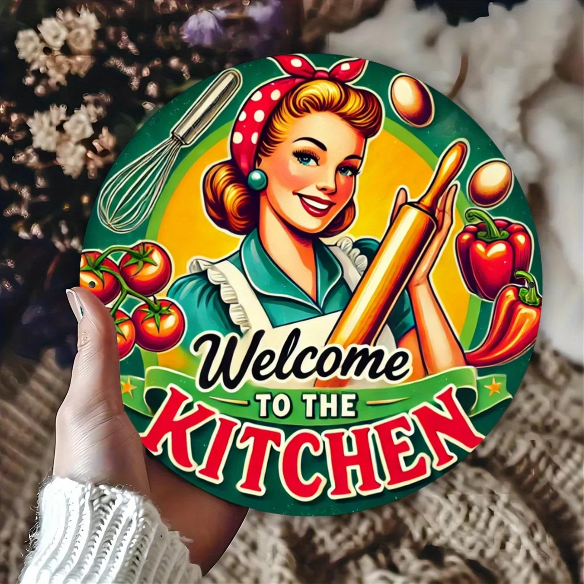 Öffnen Sie 1 Stück 2D-Flachmetallschild, 1 Stück Vintage-Schild „Welcome to the Kitchen“ – 7,87 Zoll runde Retro-Eisen-Wanddekoration mit Happy W