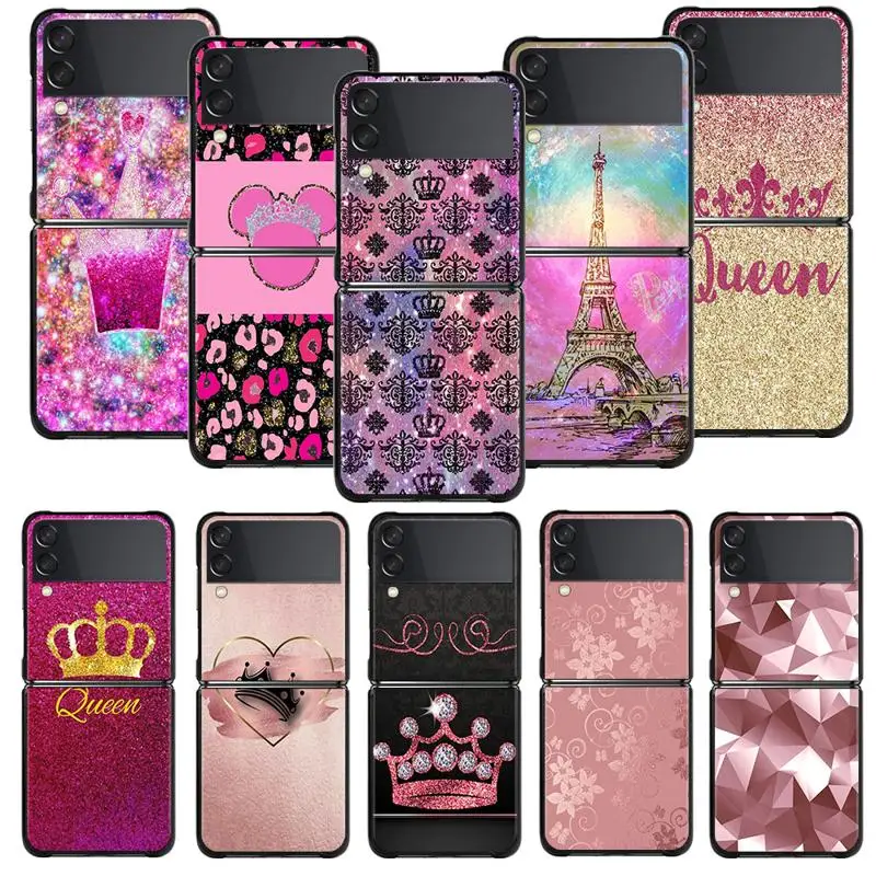 Phone Case For Samsung Galaxy Z Flip 4 Z Flip3 5G Case for Galaxy Z Flip Hard Shell Capa Gold Pink Princess Queen Eiffel Tower