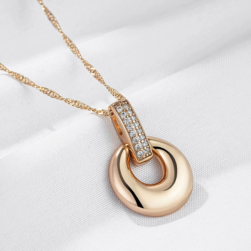 Kinel Fashion Glossy Geometry Round Pendant Necklace for Women Full Natural Zircon With 585 Rose Gold Color Daily Fine Jewelry