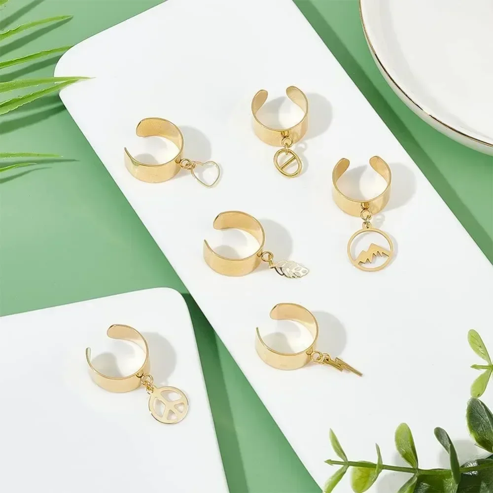 Charm Cuff Ring Making Kit Including Stainless Steel Open Ring Findings Heart Pendant Leaf Charms Lightning Peace Sign Charms