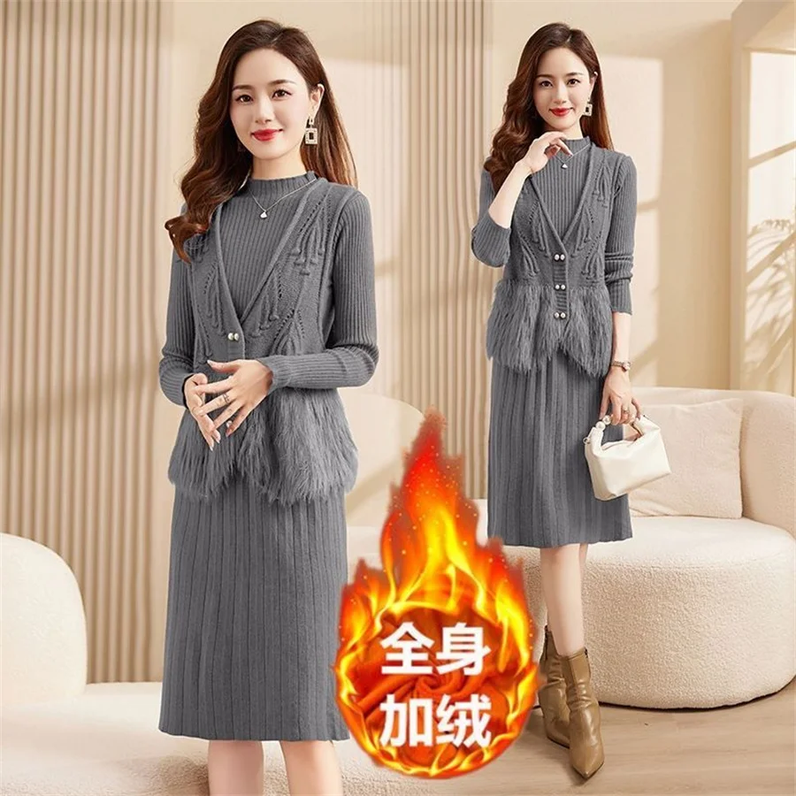 Autumn Winter Women's Knitted Sweater Skirt Two Piece Set Women Slim Fit Elegant Tops Female Suits Office Lady Knitting Outfit