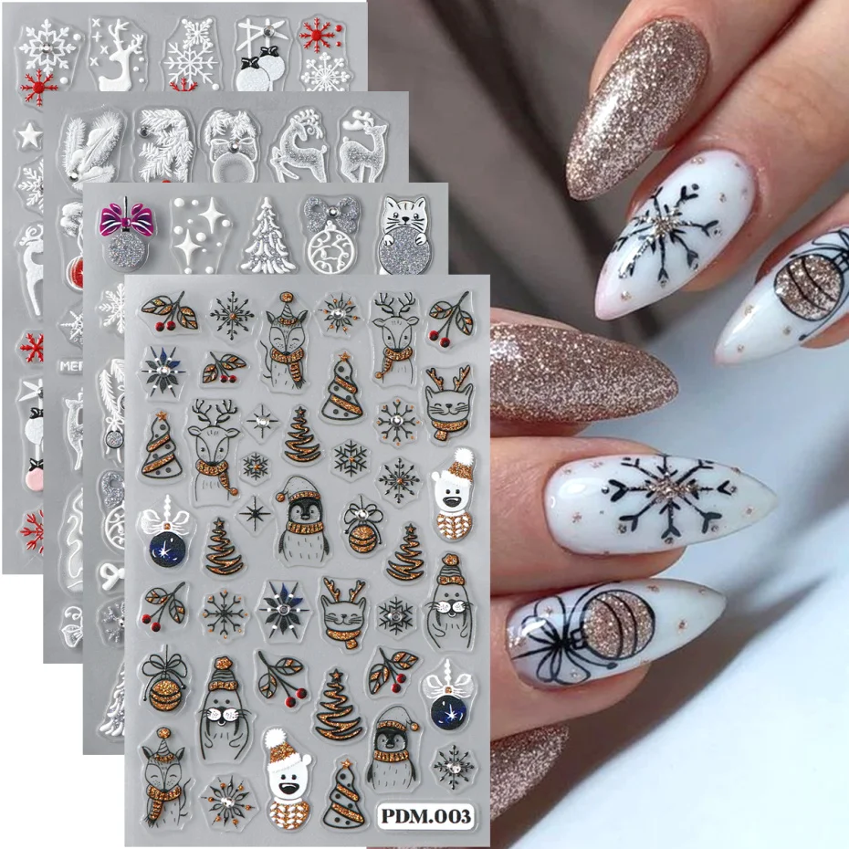 2pcs 5D Christmas Nail Art Stickers Glittery Snowflake Bells Sliders Cartoon Bear Penguin Deer Adhesive Decals With Rhinestone