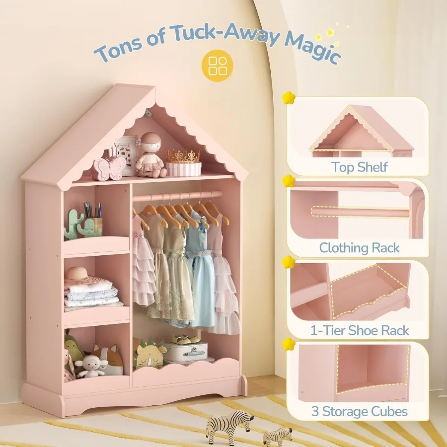 تخزين ملابس بيت الدمى الوردي مع مرآة كاملة الطول ومستشعر حركة وخزانة ملابس معلقة مفتوحة لغرفة النوم #4