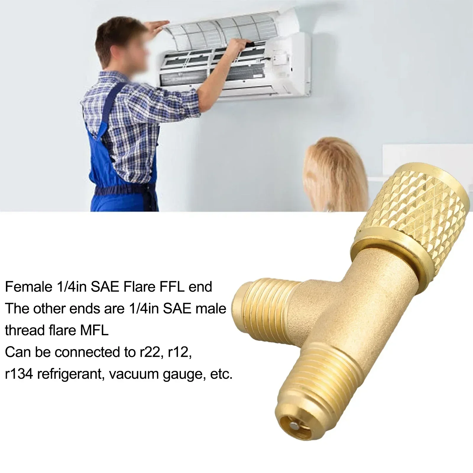 1/4 Inch SAE Brass Valve Quick Connect Tee Adapter Designed For For R22 R12 R134 And Vacuum Gauge Applications
