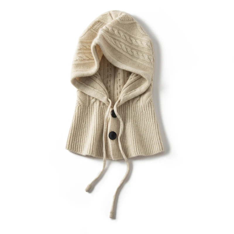 100-cashmere-knitted-hat-balaclava-cap-women-warm-ring-scarf-beanie-hat-adjustable-elastic-windproof-hooded-neck-collar