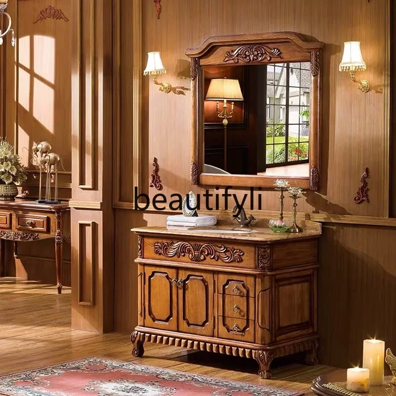 

ss25 European solid wood bathroom cabinet combination floor-to-ceiling simple small apartment bathroom hand basin marble