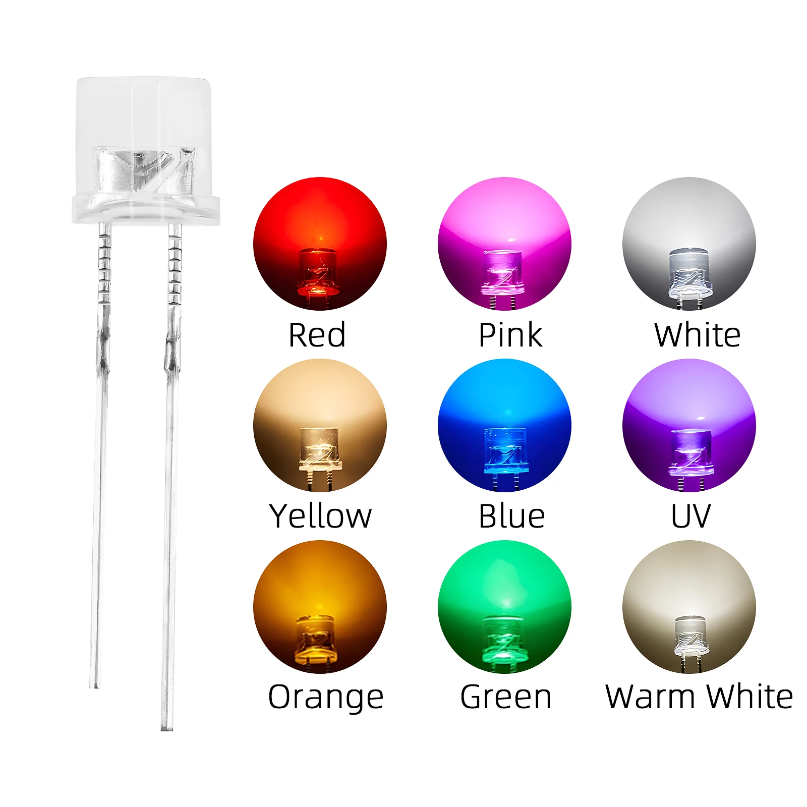 LAUBEI 100Pcs 5mm Flat Top LED Diode 9 Colors Lights Bright Bulb Lamps Electronics Components Indicator Light Emitting Diodes