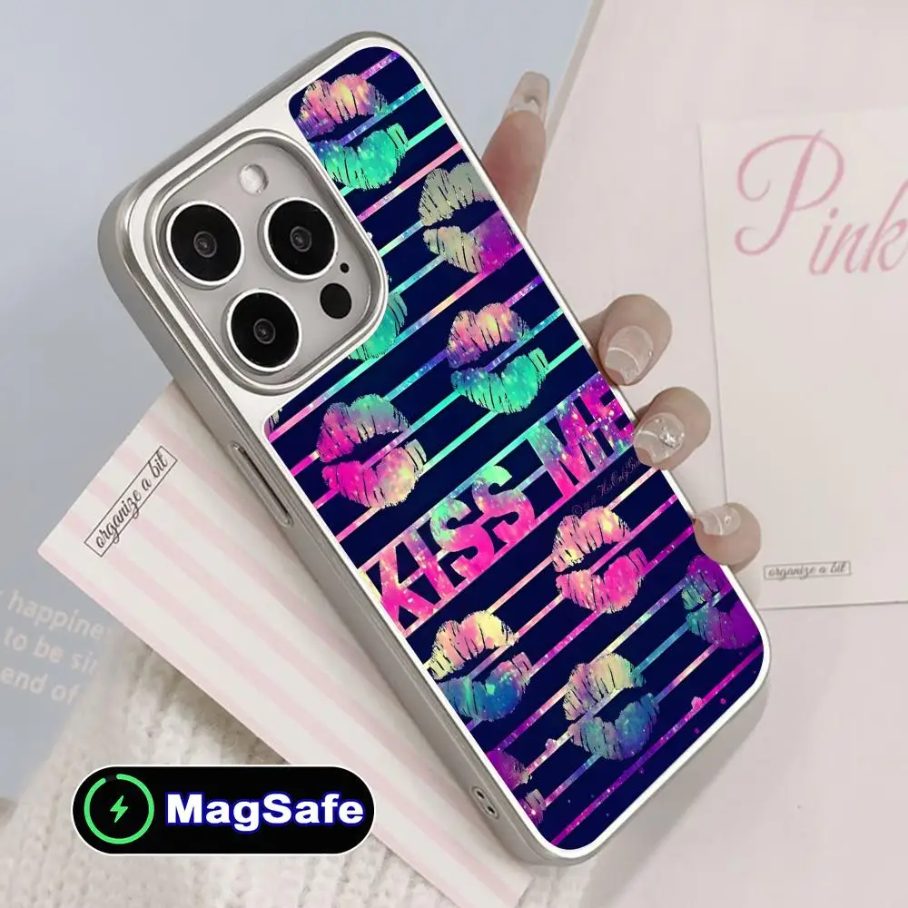 

Чехол для телефона Kiss Lips Cute Silver Plating Magsafe для iPhone 17 16 15 14 13 12 11 Air Pro Max Plus, цветной