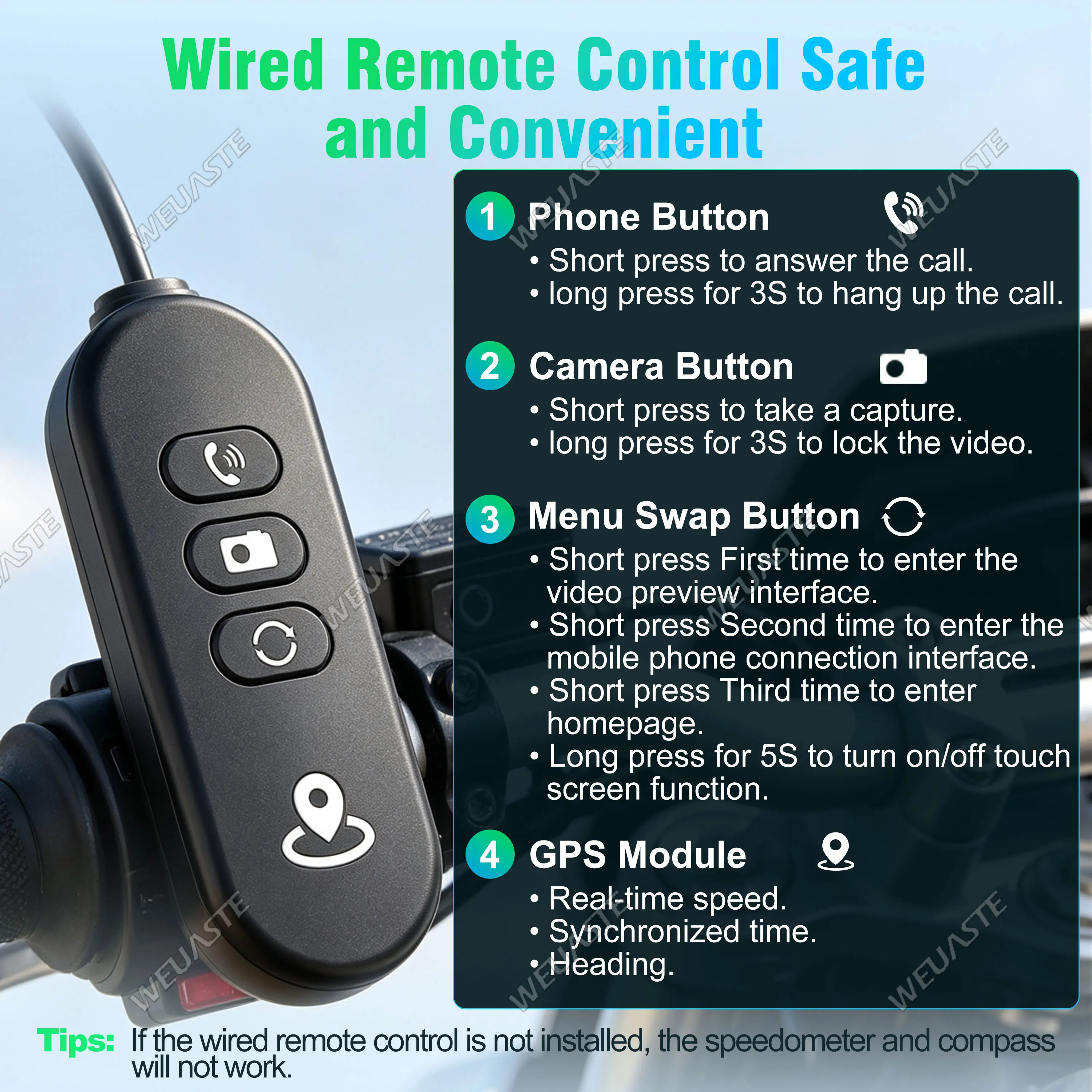 WEUASTE 6–7 Inch Magnetic Motorcycle CarPlay Android Auto (Includes Dual Cameras TPMS 128GB Memory Card For All Motorcycles)