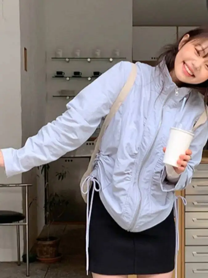 

Chic Spring Summer Women's Loose Thin Long Sun Protection Coat Side Dstring Pleated Zipper Casual High Collar Sweater