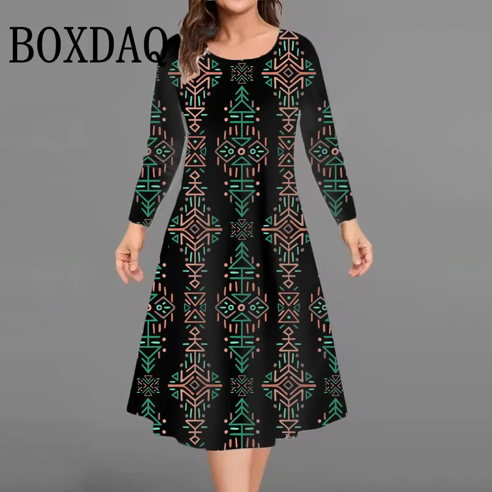 Loose Retro Women Flowers Print Dresses Autumn 2025 Fashion Clothing Plus Size Long Sleeve Mini Dress Casual O-Neck A-Line Dress