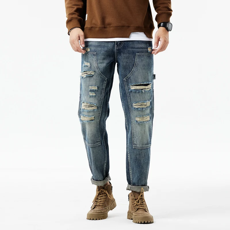 

100% Cotton Retro Streetwear Heavyweight Washed Jeans - Men's Relaxed Tapered Straight Leg Japanese-style Workwear Denim Pants