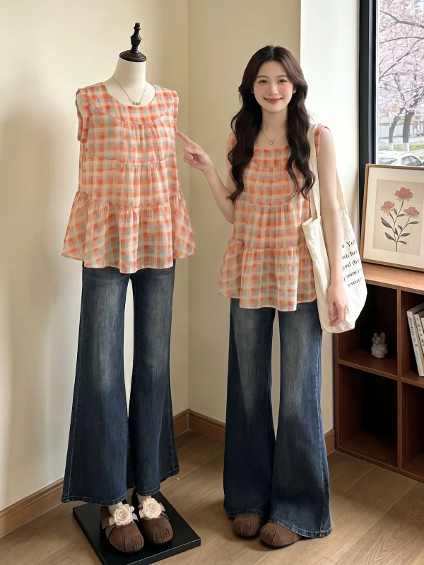

Plaid Strap Vest Women's Summer New Large Size Doll Top Sleeveless Age-Defying Outerwear round Neck H-Shape Backless
