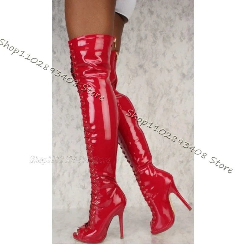 Red Lace up Stiletto Knee Boots Back Zipper Peep Toe Fashion Sexy Shoes Spring Elastic Women Over Knee Boots Zapatos Para Mujere