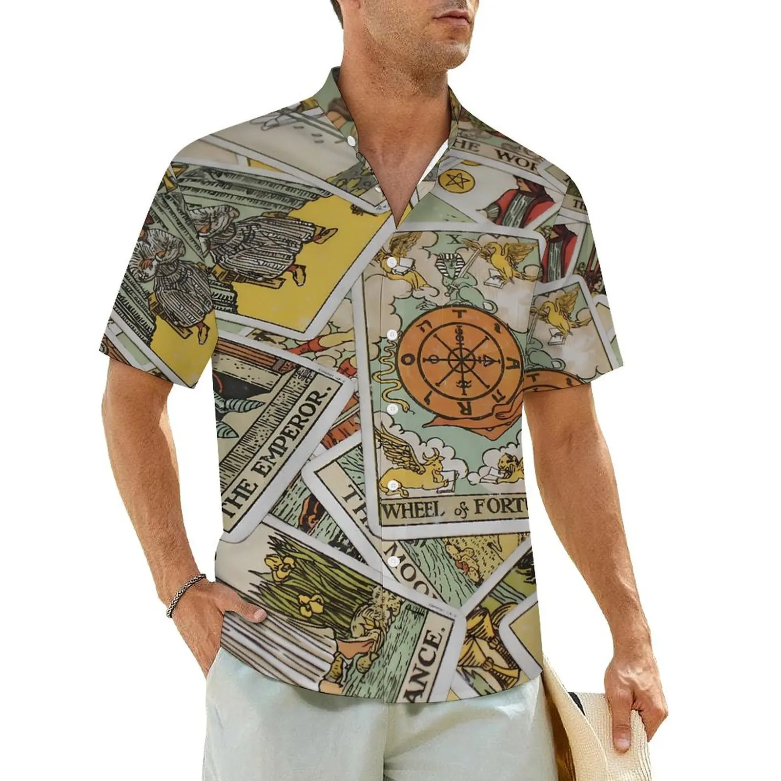 

Tarot Cards Vacation Shirt Male Vintage Print Elegant Casual Shirts Hawaiian Short Sleeve Y2K Street Design Oversized Blouses