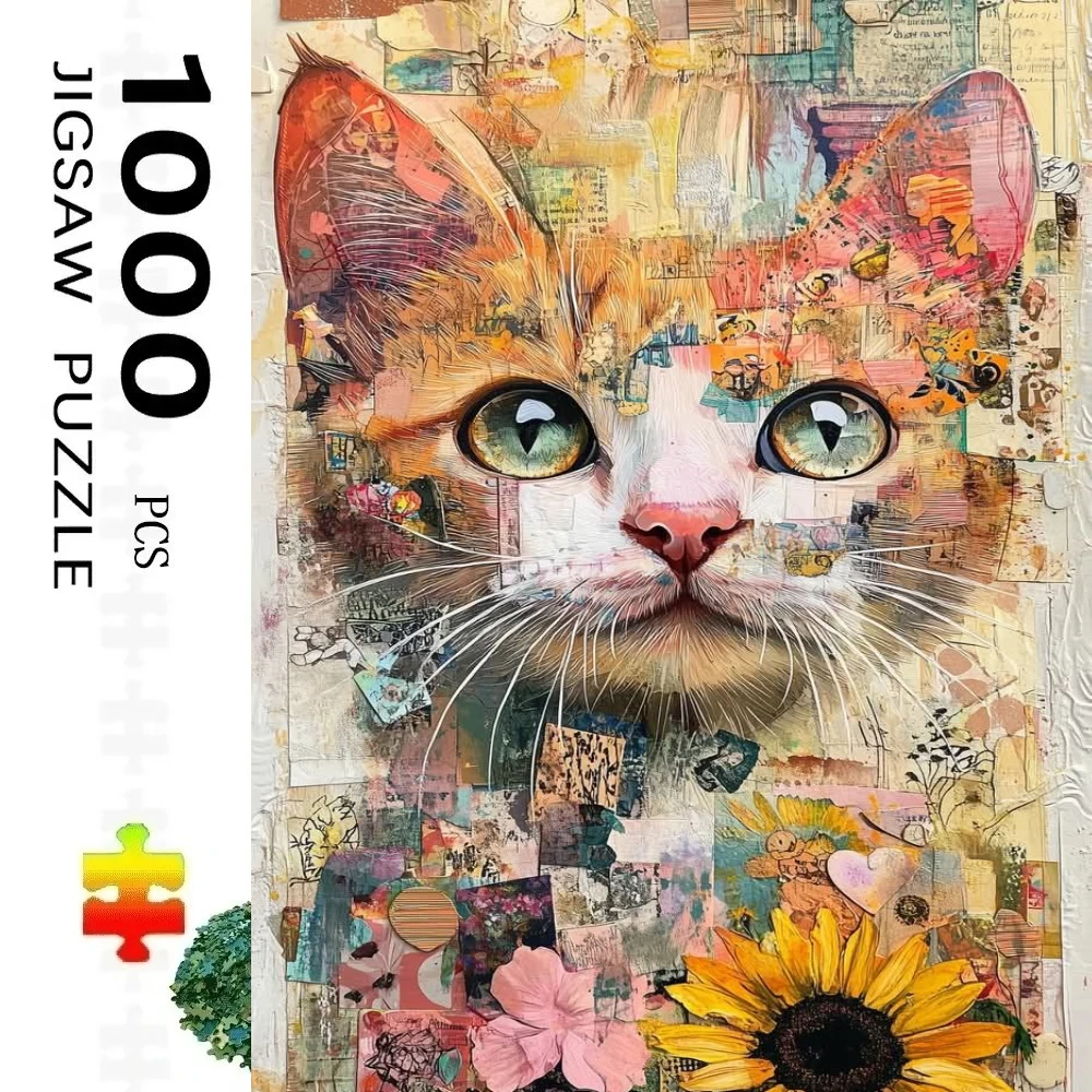 

1000 Pieces Jigsaw PuzzleWhimsical Collage Cat with Sunflower Stress Reducing Toys Holiday gift Perfect for DIY Creative