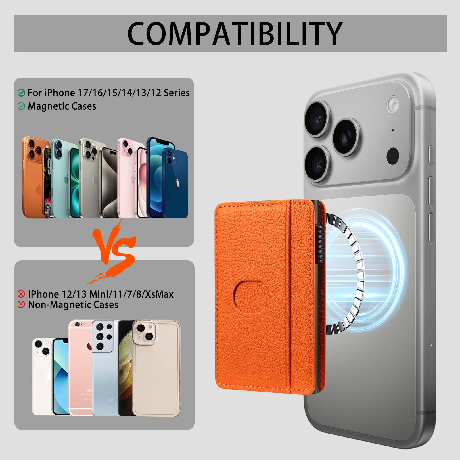 

Automatic card popping function for MagSafe Magnetic Card bag Leather Coarse Lychee Pattern capable of holding 8 card walle