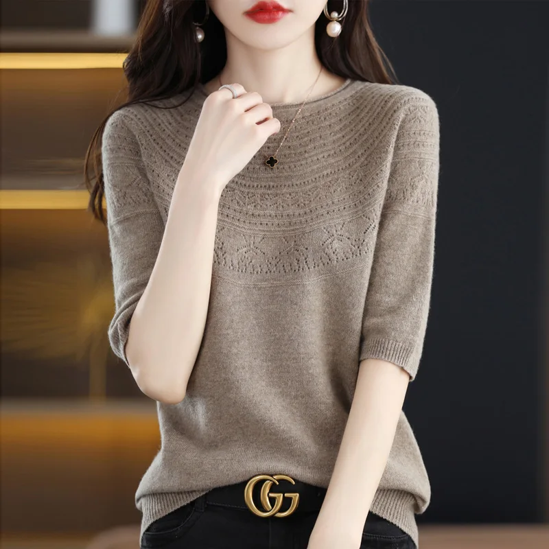 

Spring And Autumn Round Neck Korean Fashion Short Sleeve Women's Knitted 100% Wool Sweater Loose Half Sleeve Pullover's T-shirt