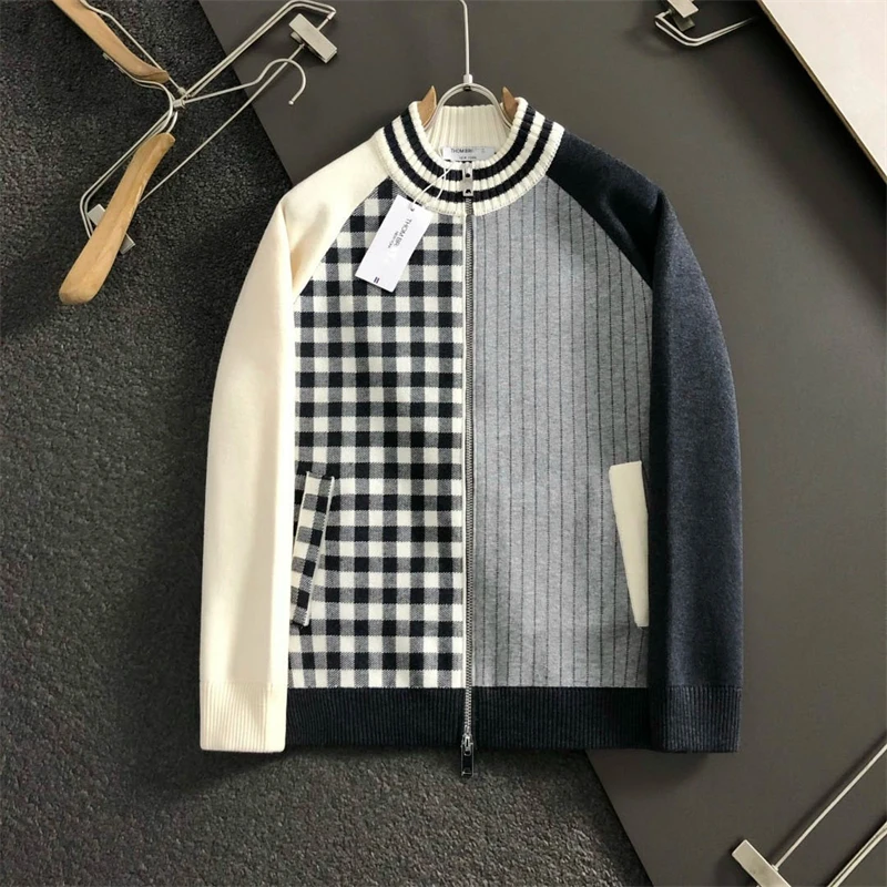 

Trendy Brand Autumn Winter Plaid Color Blo Knitted Zipper Sweater Coat Men Women Casual Top Soft Cotton Blend Fabric
