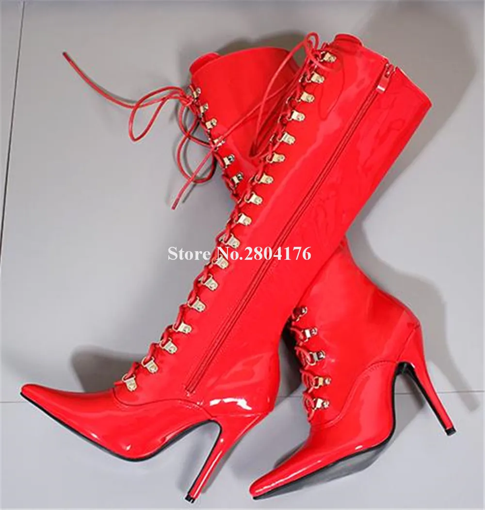 Sexy Red White Black Knee High Boots Women Newest Pointed Toe Lace-up Buckles Patent Leather Stiletto Heel Long Boots