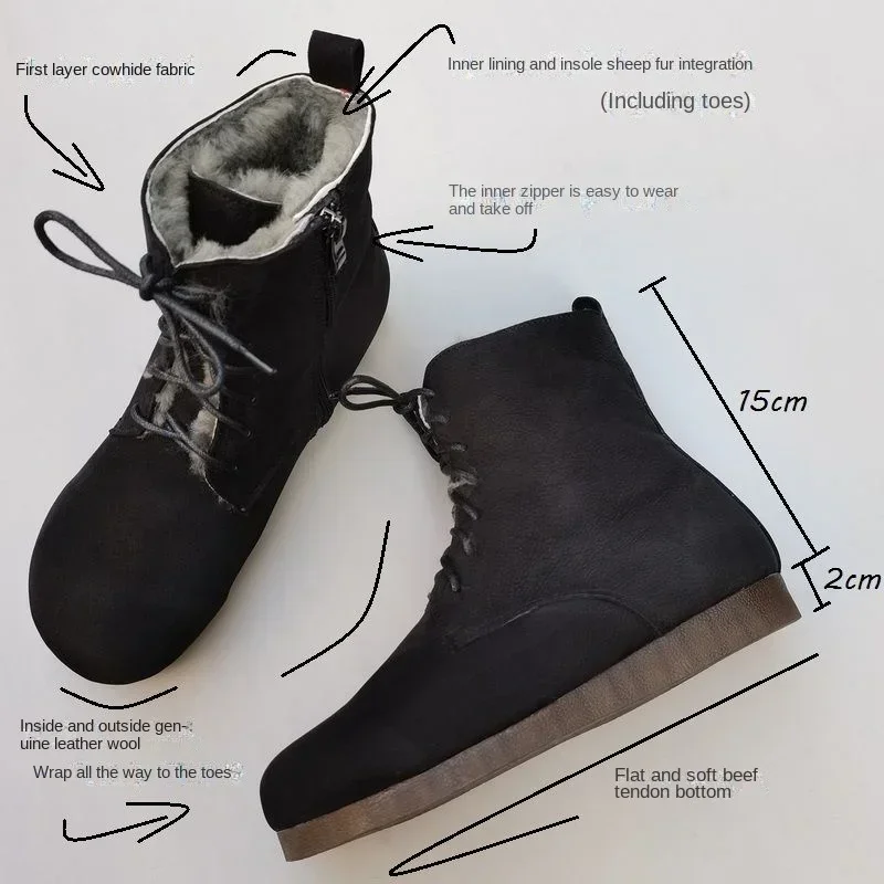 Winter Genuine Leather Sheepskin Wool Integrated Women's Shoes Warm Thickened Real Wool Flat Soft Cow Snow Boots