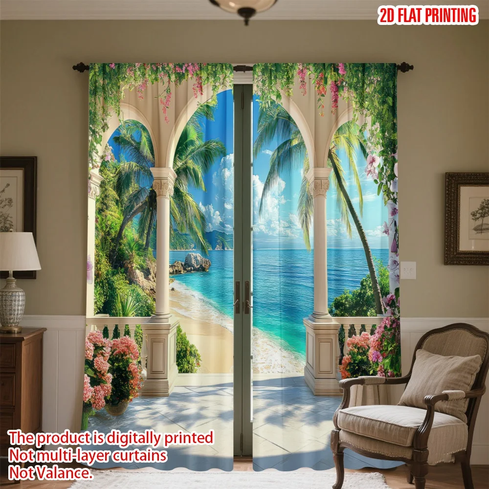 

2D flat printing 2pcs Drapes Tropical Beach View Digital Printed Polyester Drapes Family Party Decoration Perfect for Event