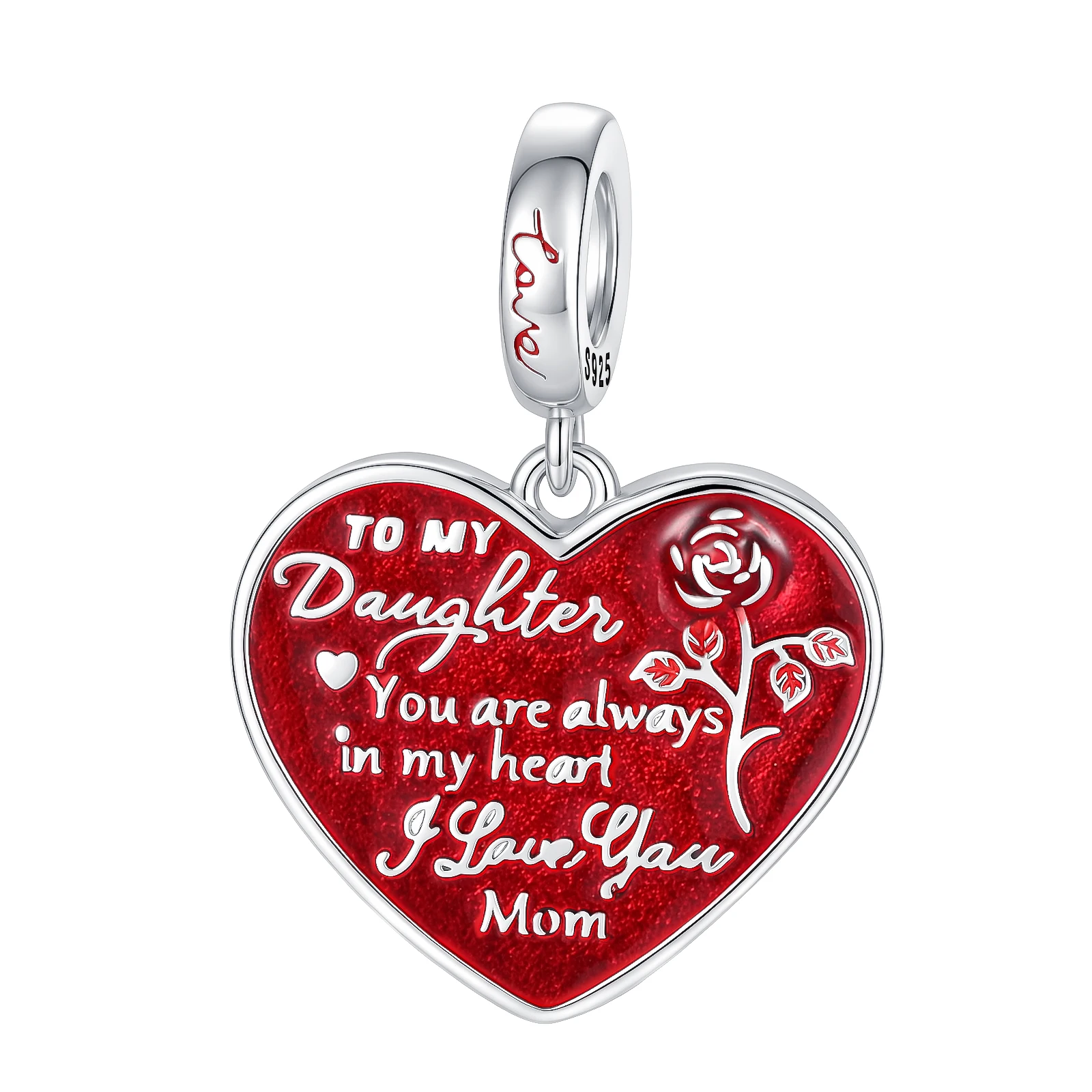 925 Sterling Silver To My Daughter Heart Dangle Charm Red Enamel Rose Engraved Message Bead Fit DIY Women Bracelet Jewelry Gift