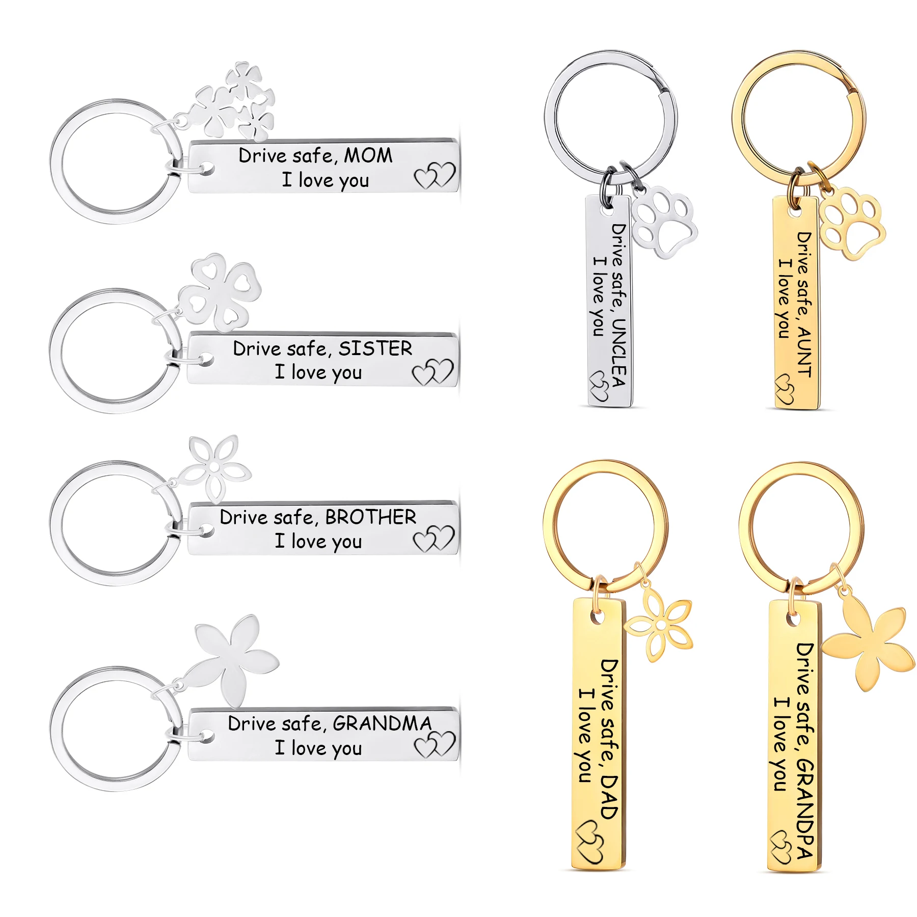 Stainless Steel Keychain Drive Safe Dad Mom Brother Sister Grandpa Grandma Uncle Aunt I Love You Family Gift New Driver Keyring