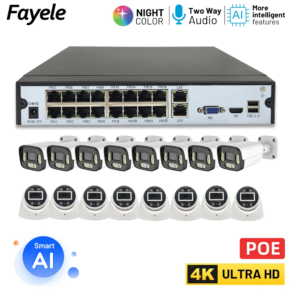 

H.265 16CH 4K 8MP POE Камера безопасности Обнаружение человеческого тела Автомобильная 2-сторонняя аудио Металлическая камера NVR CCTV Комплект видеонаблюдения
