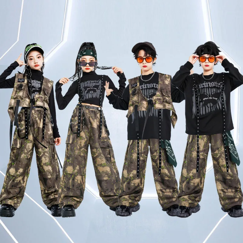 Jazz Modern Dance Clothing Children Hip Hop Kpop Stage Outfit Kids Street Dance Costume Black Tops Camouflage Cargo Pants 1177