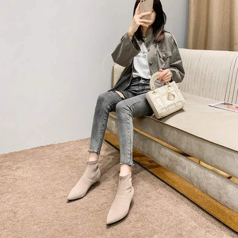 Footwear Pointed Toe Booties Elastic Suede Short Shoes for Women Elegant with Low Heels Female Ankle Boots Trend 2024 Sale Boot