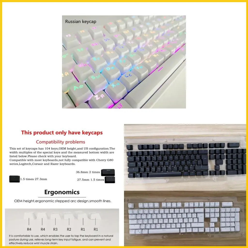 

104 Pieces ABS Transparent Keycaps Mechanical Keyboard Keycaps Russian Korean Backlit Cover for Cherry MX Switch