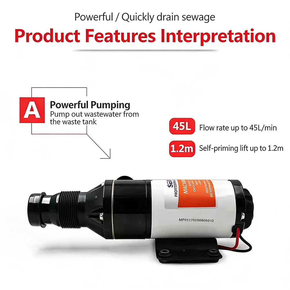 DC12V/24V Sewage Pump, Electric Fan Blade, Cutting Toilet Sewage Pump for Camper Van, Stainless Steel Impeller Pump