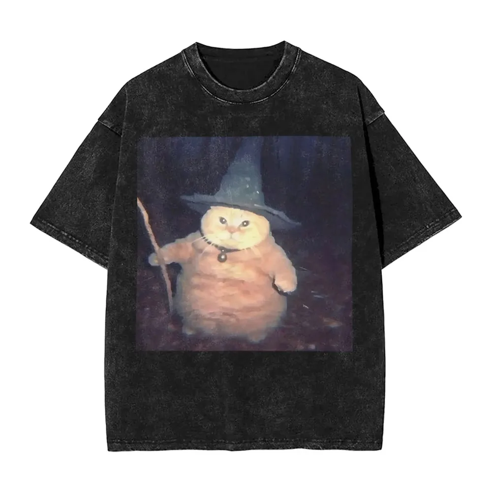 Vintage Washed Wizard Cat Meme T-Shirt Funny Retro Graphic Tee Oversized Streetwear Harajuku Y2K Top for Men Women Summer Tshirt