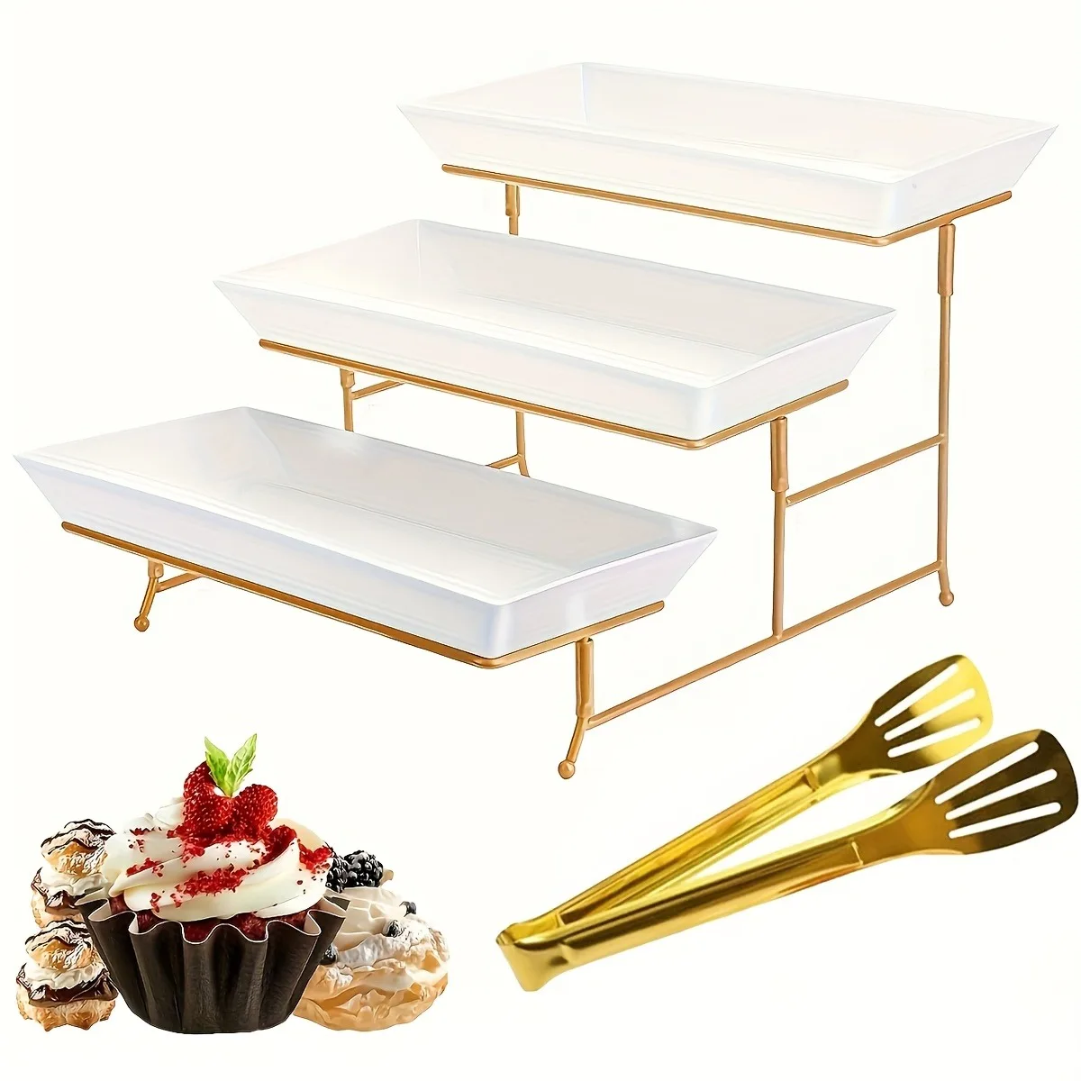 Soporte de Servicio Escalonado Blanco con Pinzas, 3 Bandejas de Plástico con Base Metálica para Cupcakes, Donuts, Frutas - Soporte Escalonado para Fiestas de Té, Exhibición de Comida para Fiestas, Escenarios de Boda