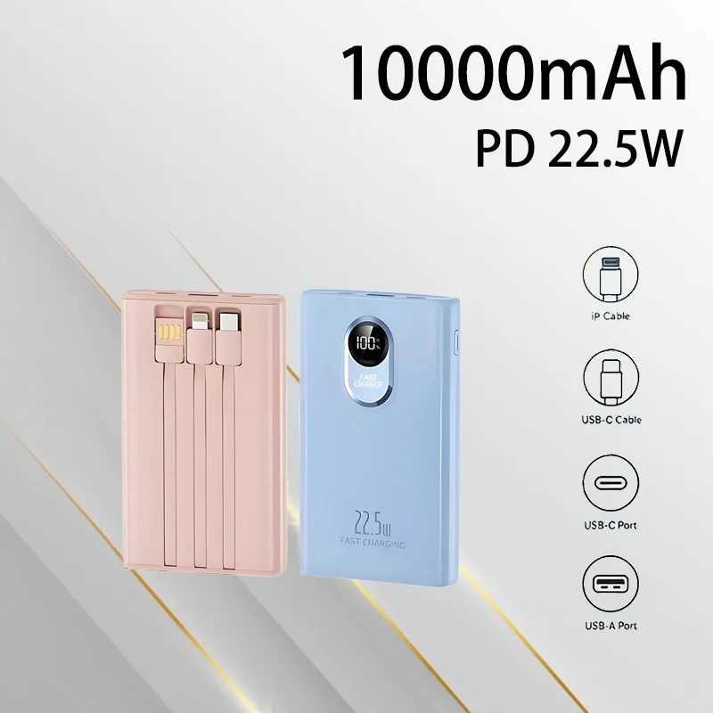

20000mAh Power Bank 22.5W Fast Charging with 3 Built-in Cables Large Capacity Portable Mobile Power Supply for Travel Outdoor