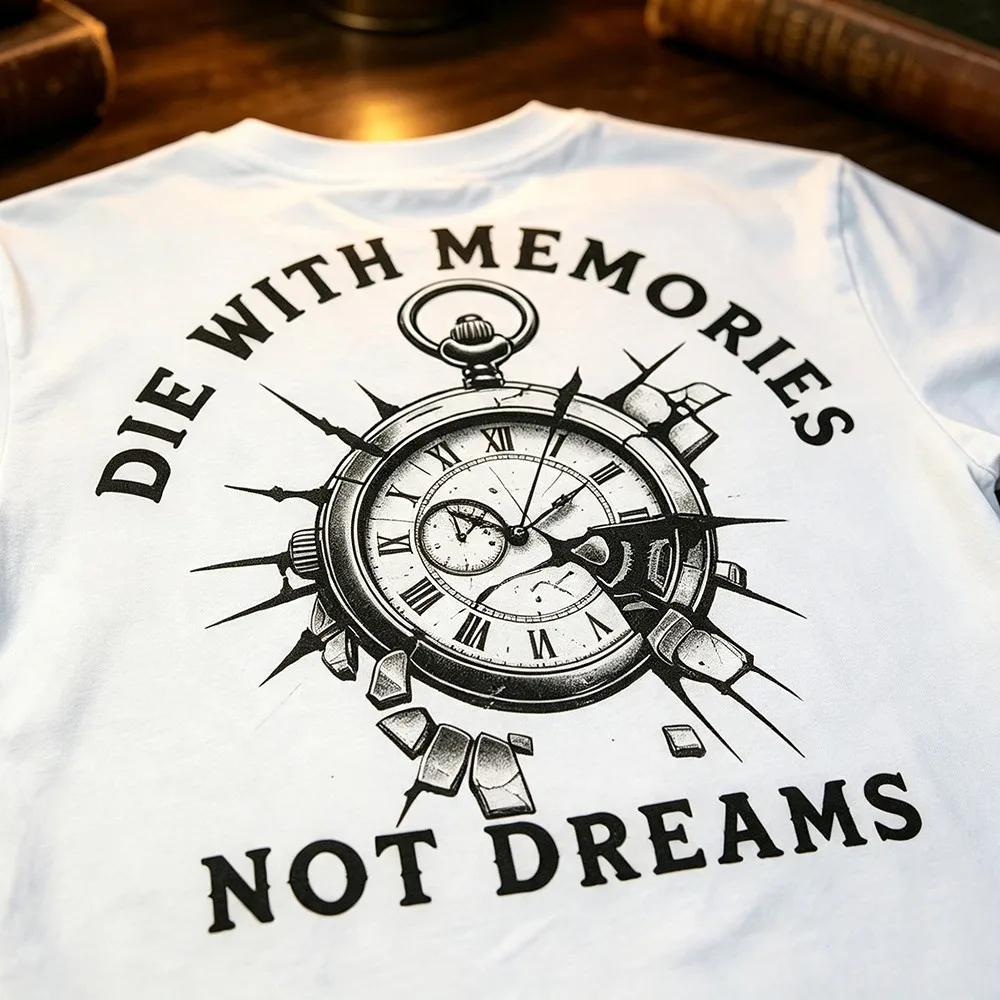 Vintage Pocket Watch Slogan Back Printed T‑Shirt for Men Women, Retro Literary Style Crew Neck Short Sleeve Tee, Breathable Casual Daily Street Tops streetwear,crew neck,cotton blend,outdoor outing,machine washable