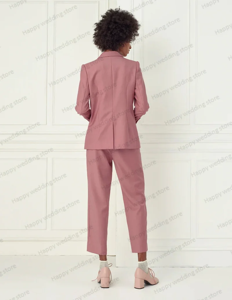 Pink Formal Women Suit Pants Set 2 Piece Blazer+Trousers Business Double Breasted Wedding Tuxedo Office Cotton Jacket Prom Coat