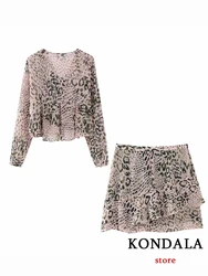 KONDALA Vintage Leopard Chic Women Holiday Suits Long Sleeve V Neck Lace Blouse Ruffles Mini Zip Skirt Fashion 2023 Summer Sets