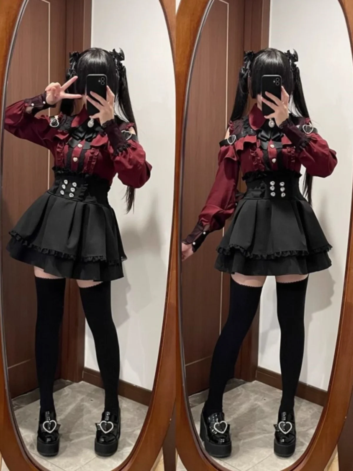 Dark Romantic Shoulder Bared Shirt And Half Skirt Set Spring Autumn Japanese School Uniform Style Two Piece Set for Young Girls