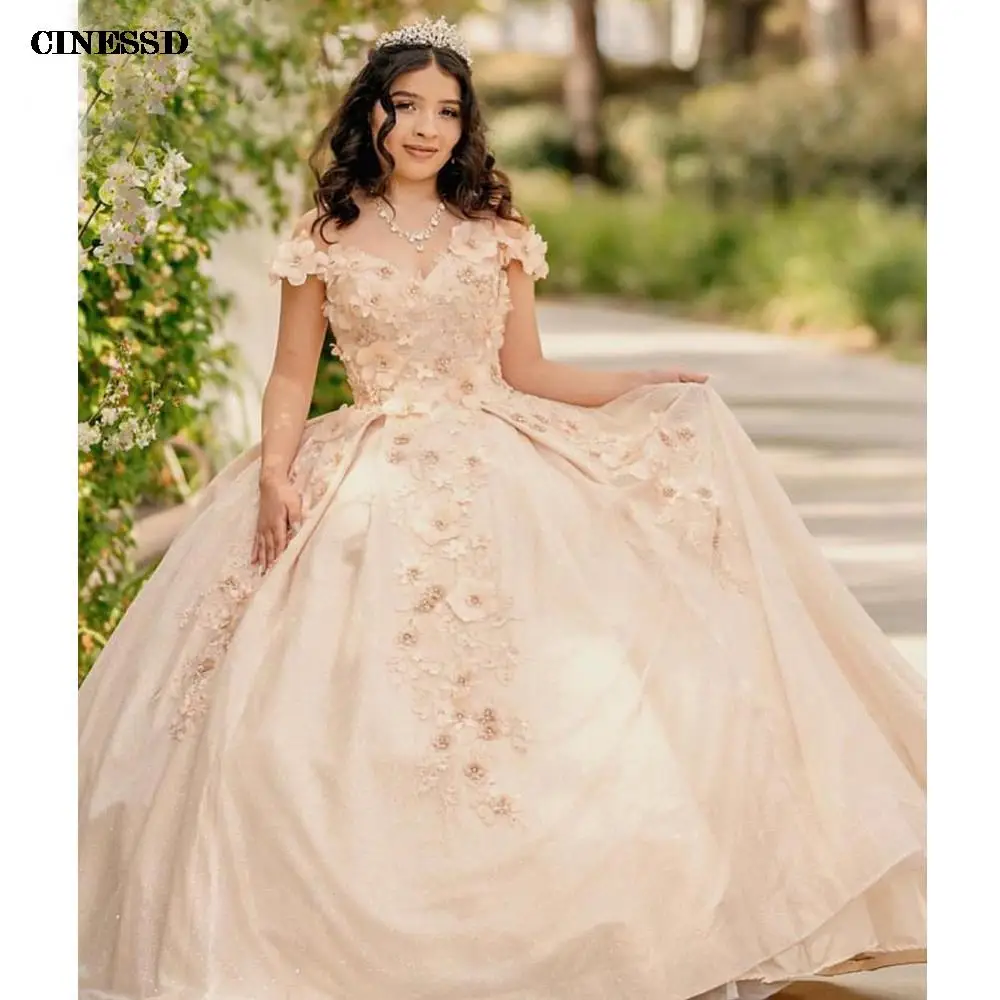 الوردي Quinceanera فساتين مكشوفة الكتفين للفتيات ، يزين الزهور 3D ، لمعان ، فساتين حفلة الكرة الفاخرة ، الأميرة 15