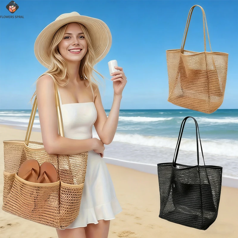 

Women's Large Capacity Beach Handbag - Durable Polyester Woven Bag with Open Top, Suitable For Travel and Shopping