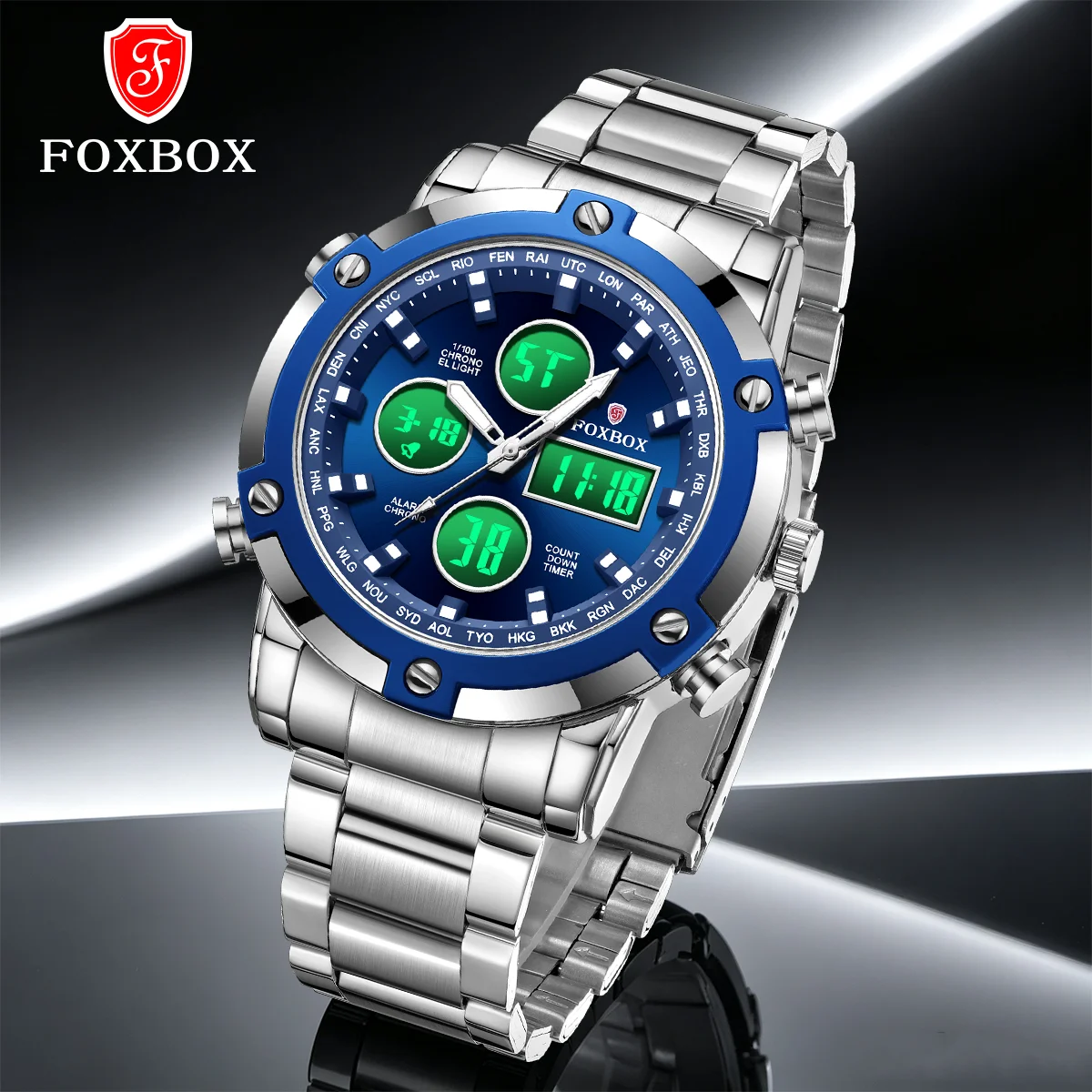 FOXBOX Uhren für Herren 2026 Wecker Datum Chronograph Dual-Display Quarz Herrenuhr Leuchtend Lässige Mode Herren-Armbanduhr