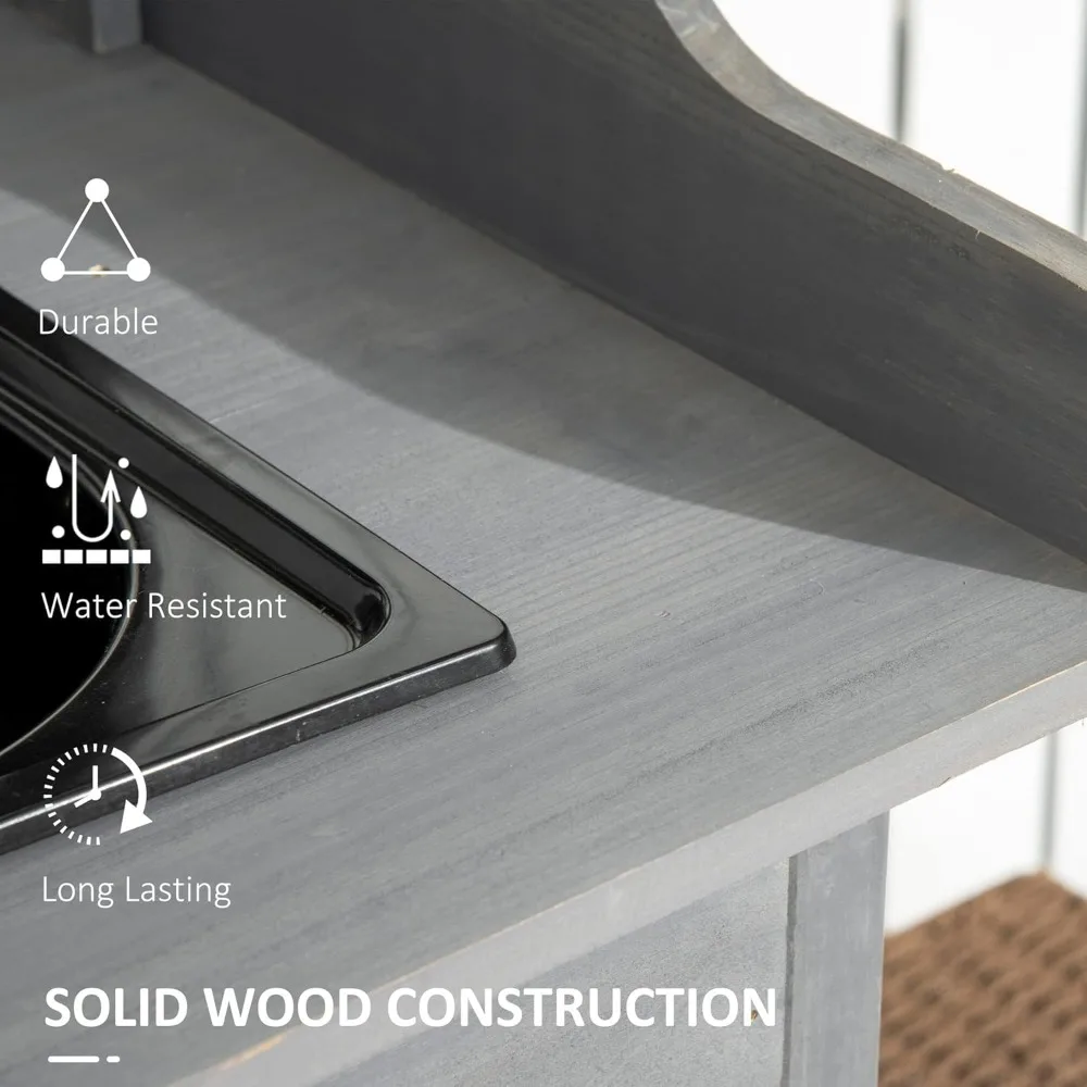 Stół do doniczek ze zlewem, stół do pracowania na zewnątrz ze szafką do przechowywania, haczykami, wyjmowanym zlewem, kranem i szufladą