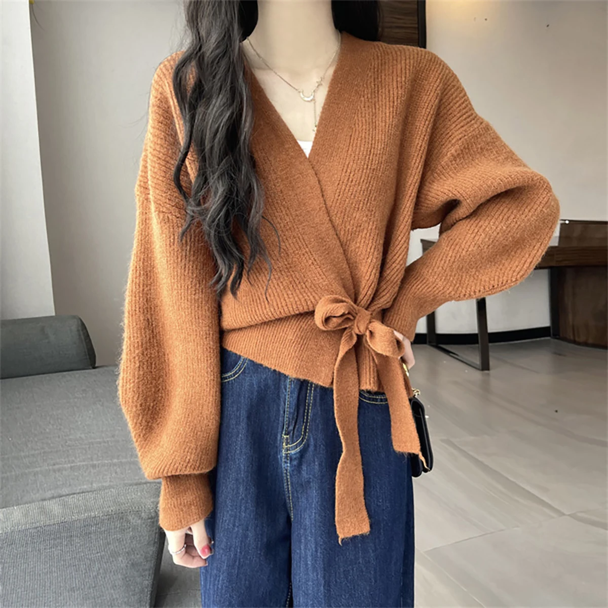 Y2K Autumn Winter Knitted Sweaters Women Loose V Neck Retro Elegant Cardigan Korean Chic Bandage Lace-up Casual Tops Clothing