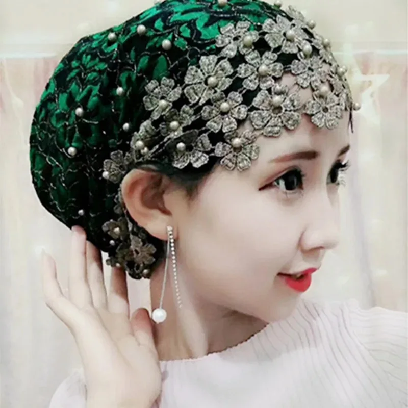 

Embroidery Beading Women's Lace Turban Cap Muslim Women Summer Hats Islamic Headwear Bonnet Ready to Wear Female Head Wraps